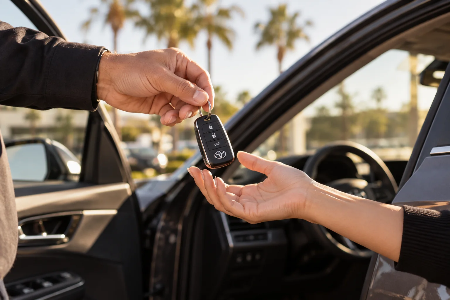 A car key passing from one person's hand to another beside an open car door, in late afternoon light.
