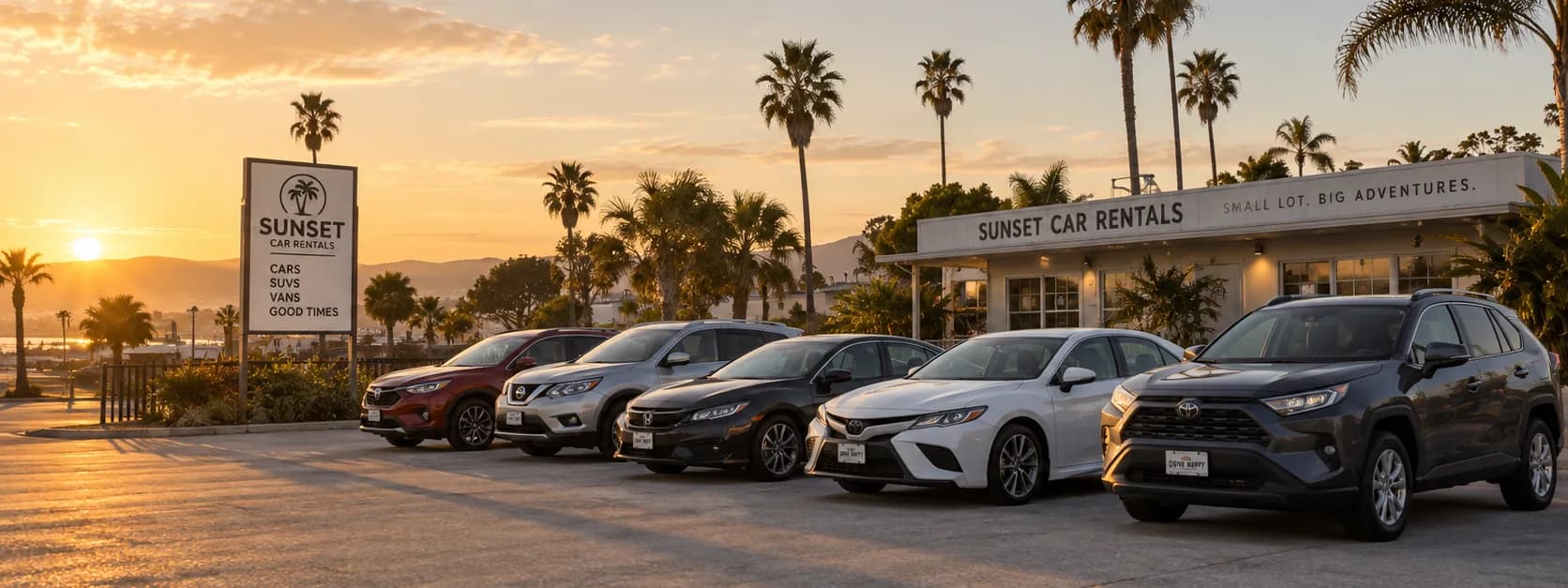 A small rental lot at sunset: five clean cars angled in a row in front of a low office building, palms behind them, the sun setting over the hills beyond.
