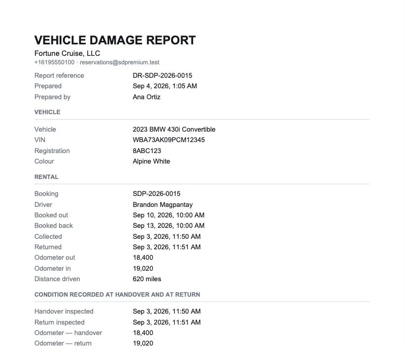 A generated vehicle damage report PDF showing the operator's contact details, report reference, vehicle and VIN, rental dates, odometer readings and the condition recorded at handover and at return.