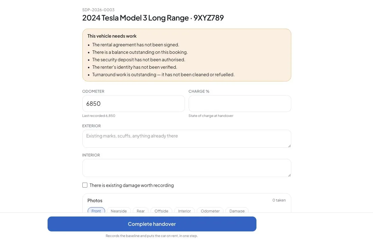 The handover screen for a booking, listing five reasons the vehicle needs work, then fields for odometer, charge percentage, exterior and interior notes, and photo capture by panel.